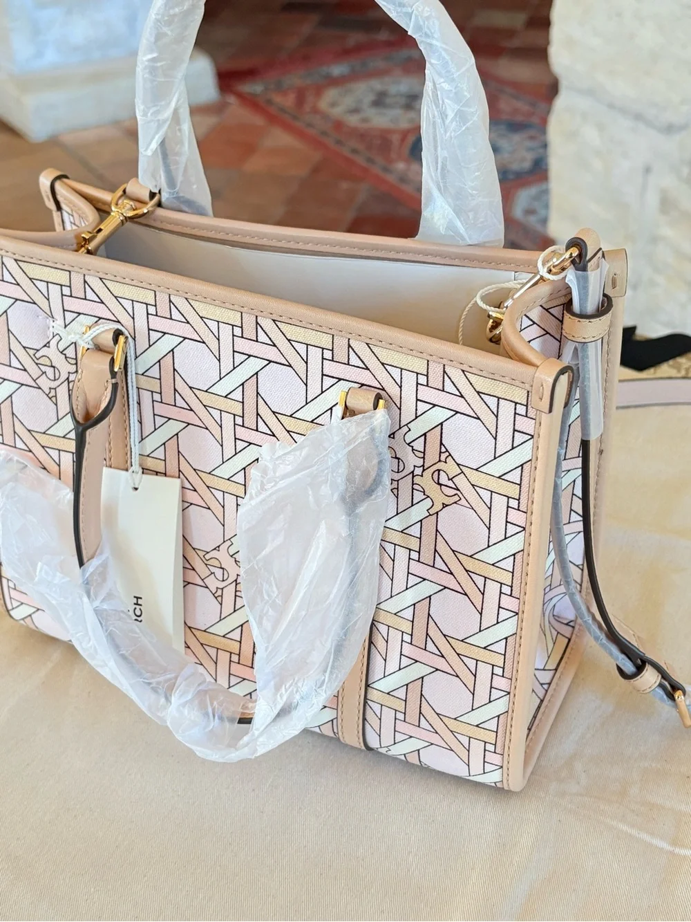 Tory Burch Pastel Pink Patterned Satchel with Logo Accent